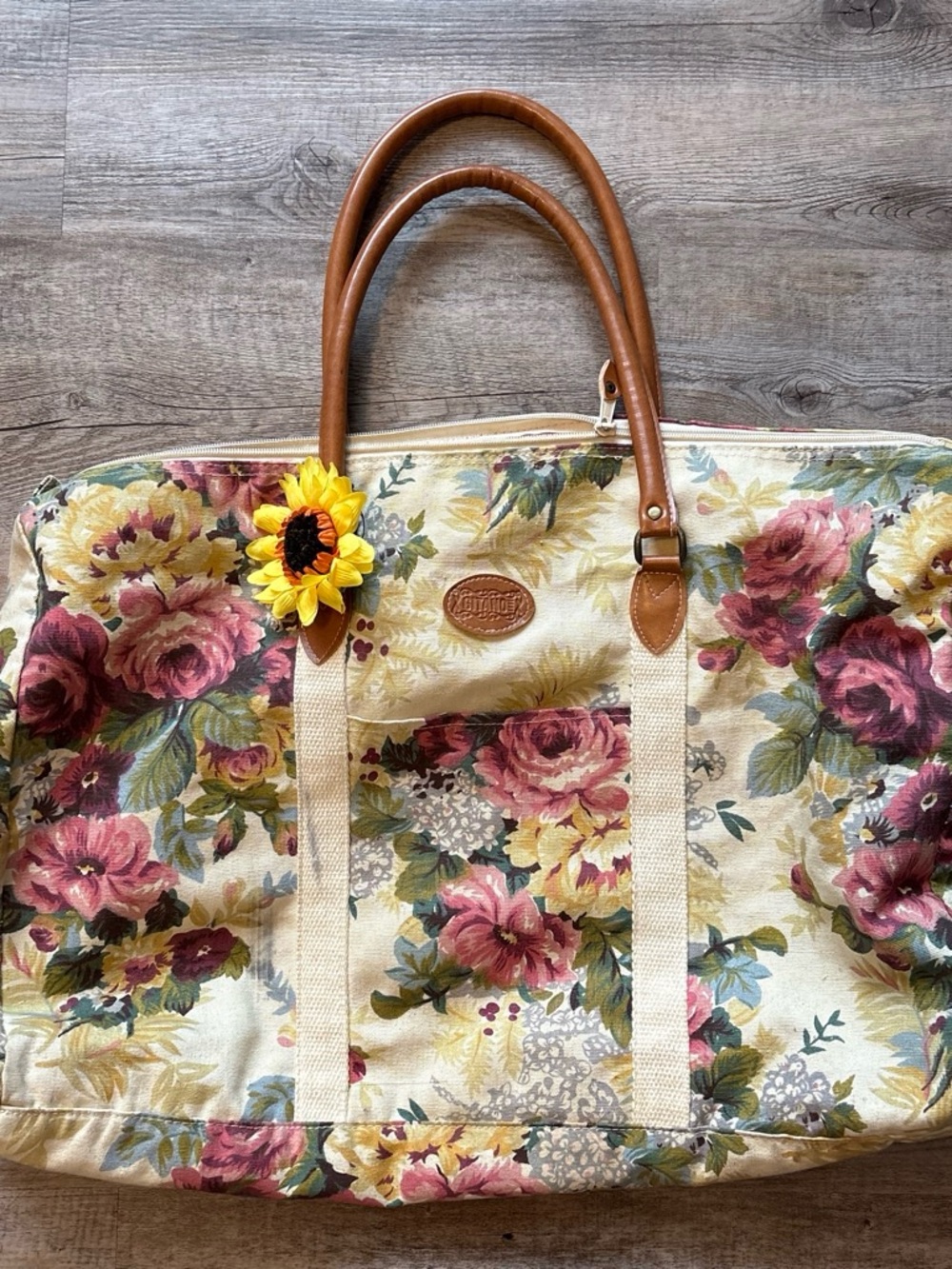 Vintage Gitano Floral Canvas Weekend Duffle Bag with Brown Leather Handles